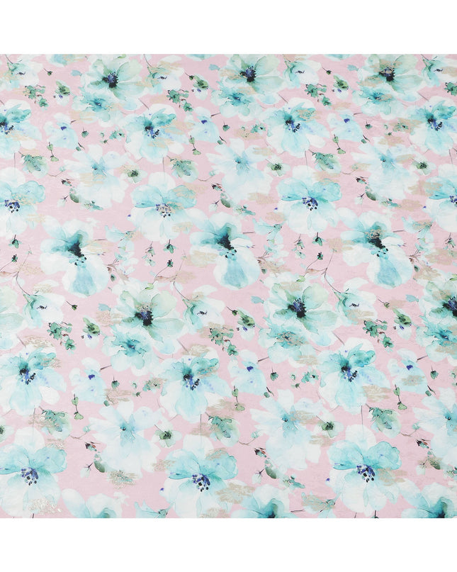 Pink with Aqua Blue Floral Print Pure Silk Satin Fabric, 140 Cms Width, Made in South Korea-D25992