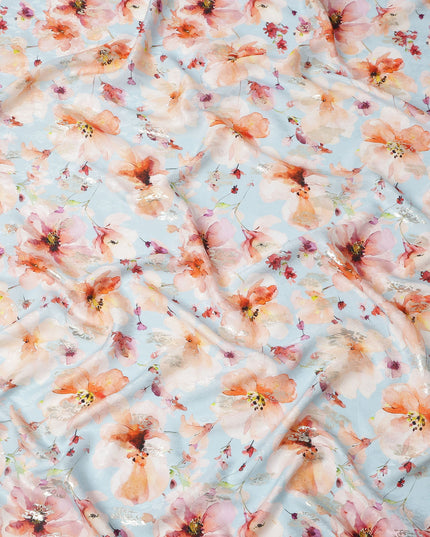 Sky Blue with Peach Floral Print Pure Silk Satin Fabric, 140 Cms Width, Made in South Korea-D25994