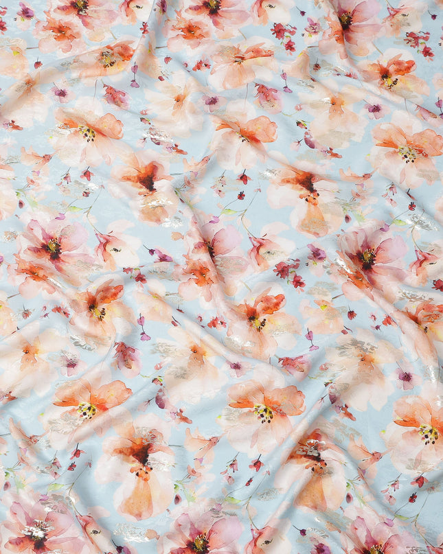 Sky Blue with Peach Floral Print Pure Silk Satin Fabric, 140 Cms Width, Made in South Korea-D25994