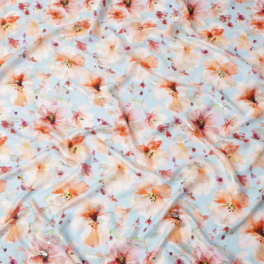 Sky Blue with Peach Floral Print Pure Silk Satin Fabric, 140 Cms Width, Made in South Korea-D25994