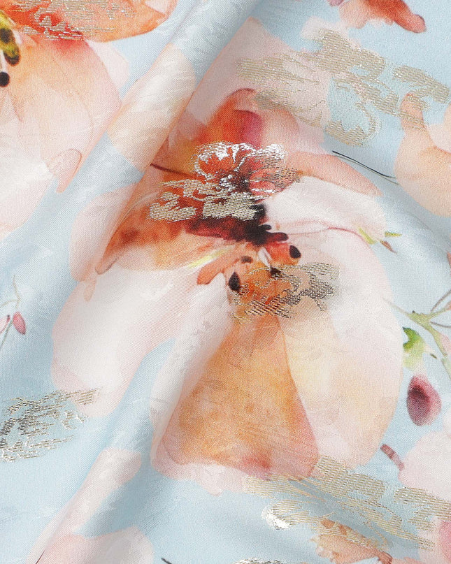Sky Blue with Peach Floral Print Pure Silk Satin Fabric, 140 Cms Width, Made in South Korea-D25994