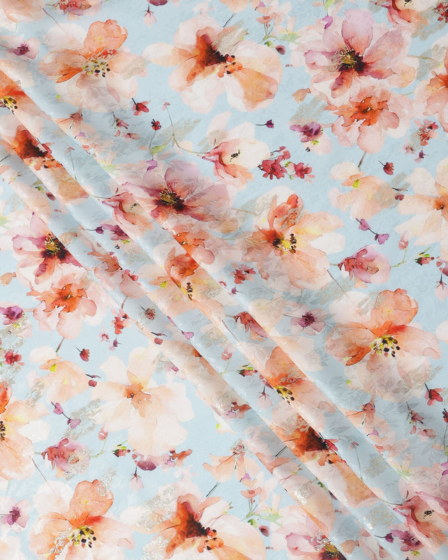 Sky Blue with Peach Floral Print Pure Silk Satin Fabric, 140 Cms Width, Made in South Korea-D25994