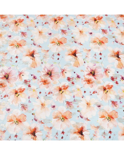 Sky Blue with Peach Floral Print Pure Silk Satin Fabric, 140 Cms Width, Made in South Korea-D25994