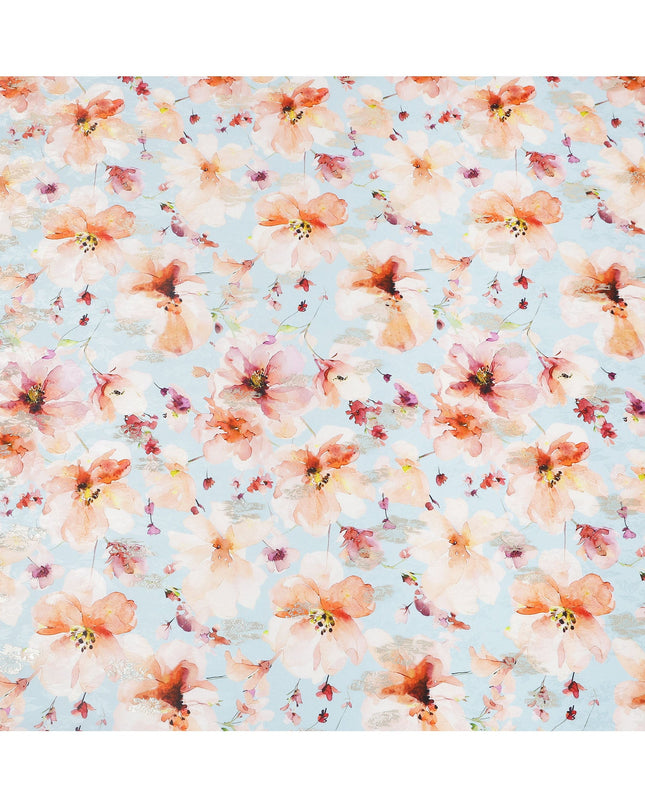 Sky Blue with Peach Floral Print Pure Silk Satin Fabric, 140 Cms Width, Made in South Korea-D25994