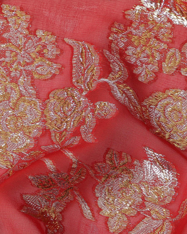 Red Traditional Somali Silk Chiffon Dirac Fabric with Metallic Lurex, 140 Cms Width, 3.5 Mtrs Piece, Made in South Korea-D26132