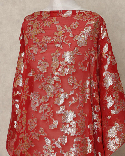 Red Traditional Somali Silk Chiffon Dirac Fabric with Metallic Lurex, 3.5 Mtrs Piece, Width 140 Cms, Made in South Korea-D26489