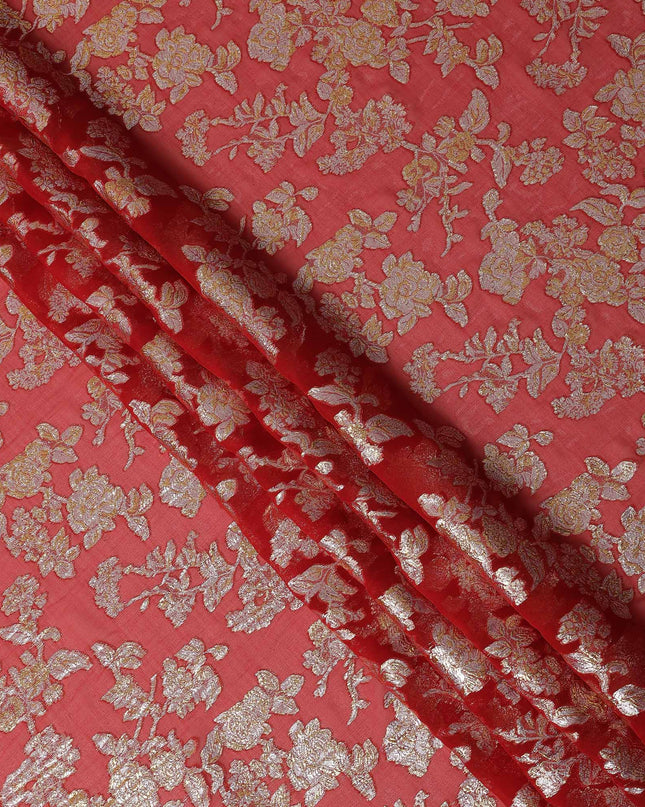 Red Traditional Somali Silk Chiffon Dirac Fabric with Metallic Lurex, 3.5 Mtrs Piece, Width 140 Cms, Made in South Korea-D26489