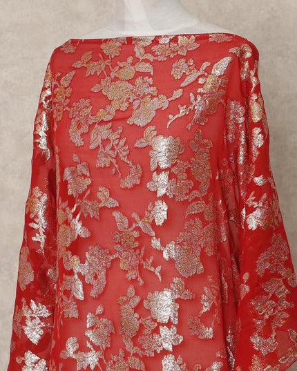 Red Traditional Somali Silk Chiffon Dirac Fabric with Metallic Lurex, 140 Cms Width, 3.5 Mtrs Piece, Made in South Korea-D26132