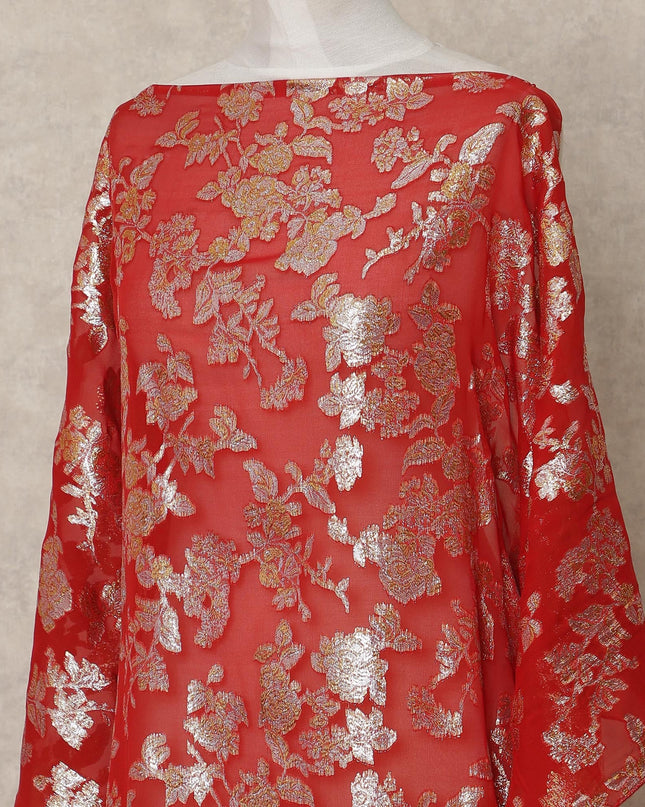 Red Traditional Somali Silk Chiffon Dirac Fabric with Metallic Lurex, 140 Cms Width, 3.5 Mtrs Piece, Made in South Korea-D26132