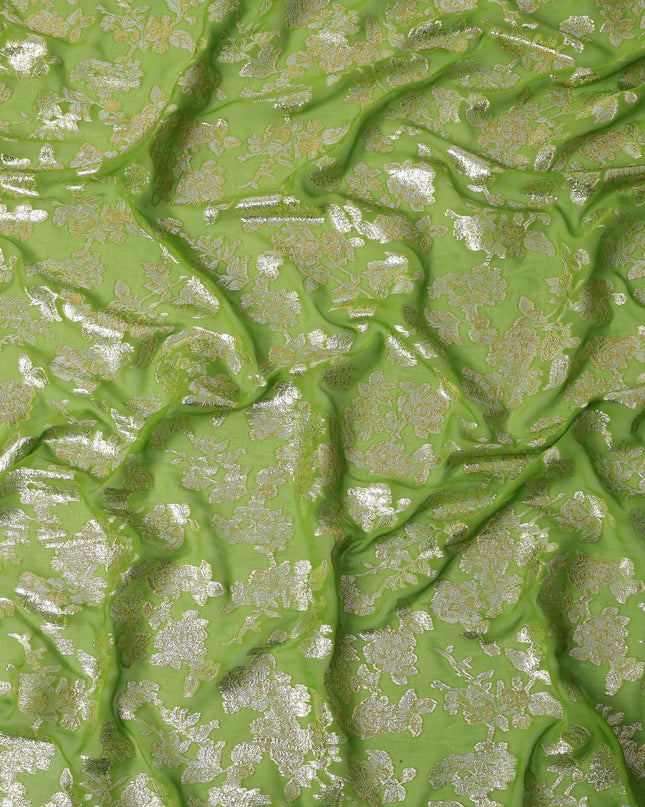 Lime Green Traditional Somali Silk Chiffon Dirac Fabric with Metallic Lurex, 140 Cms Width, 3.5 Mtrs Piece, Made in South Korea-D26137