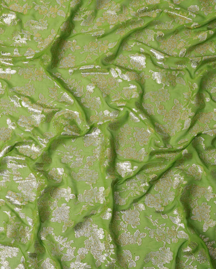 Lime Green Traditional Somali Silk Chiffon Dirac Fabric with Metallic Lurex, 3.5 Mtrs Piece, Width 140 Cms, Made in South Korea-D26488