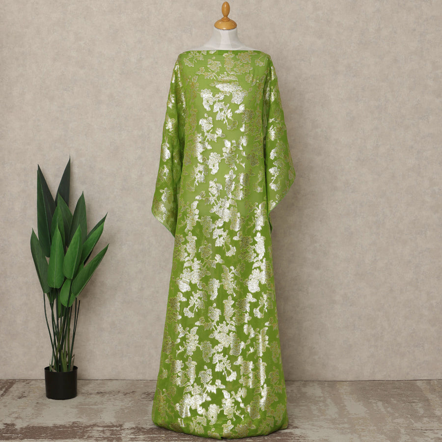 Lime Green Traditional Somali Silk Chiffon Dirac Fabric with Metallic Lurex, 3.5 Mtrs Piece, Width 140 Cms, Made in South Korea-D26488