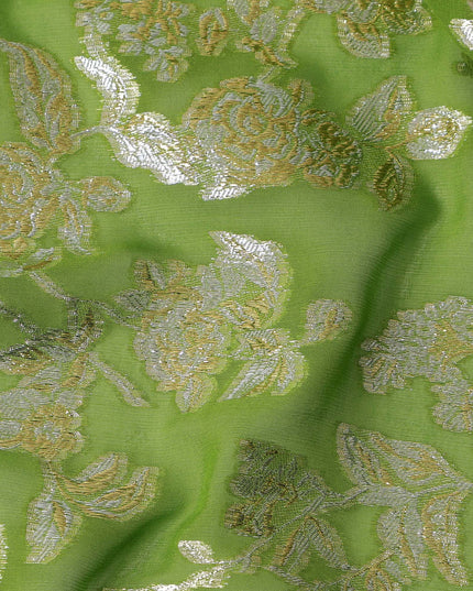 Lime Green Traditional Somali Silk Chiffon Dirac Fabric with Metallic Lurex, 3.5 Mtrs Piece, Width 140 Cms, Made in South Korea-D26488