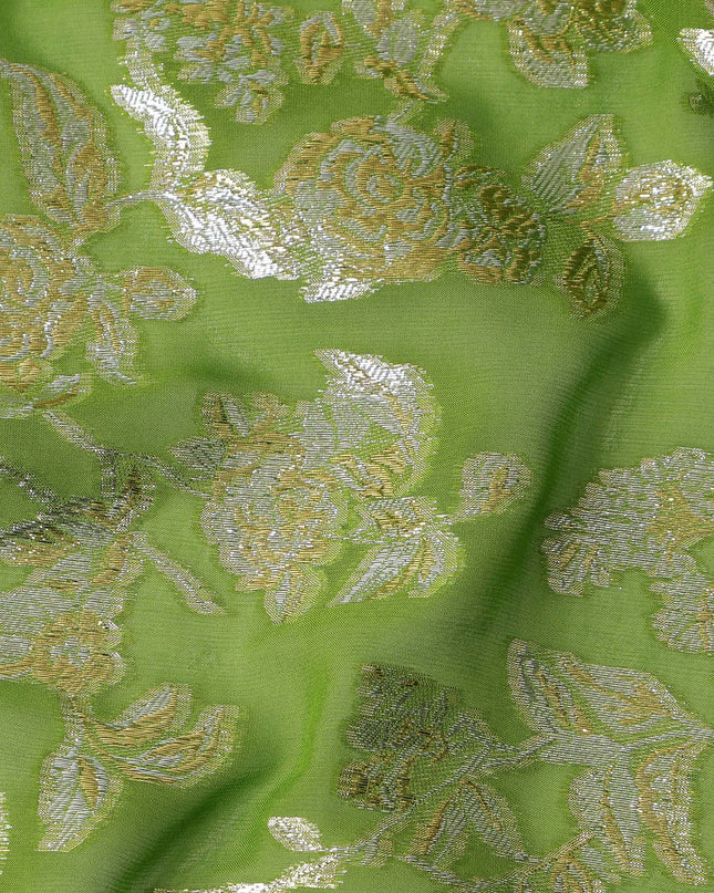 Lime Green Traditional Somali Silk Chiffon Dirac Fabric with Metallic Lurex, 3.5 Mtrs Piece, Width 140 Cms, Made in South Korea-D26488