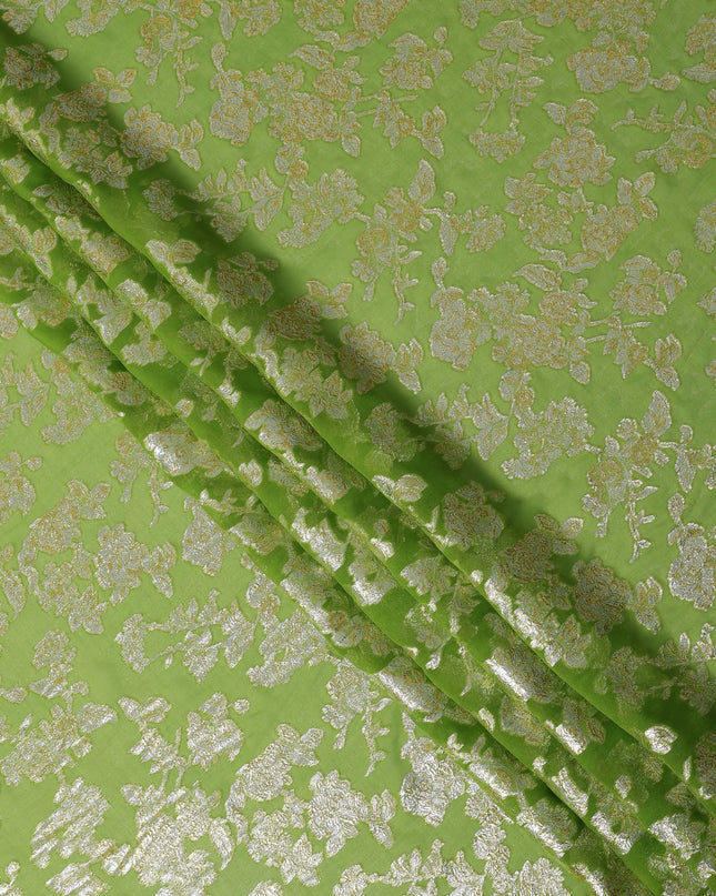 Lime Green Traditional Somali Silk Chiffon Dirac Fabric with Metallic Lurex, 3.5 Mtrs Piece, Width 140 Cms, Made in South Korea-D26488
