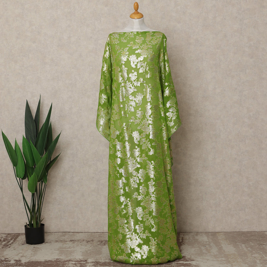 Lime Green Traditional Somali Silk Chiffon Dirac Fabric with Metallic Lurex, 140 Cms Width, 3.5 Mtrs Piece, Made in South Korea-D26137