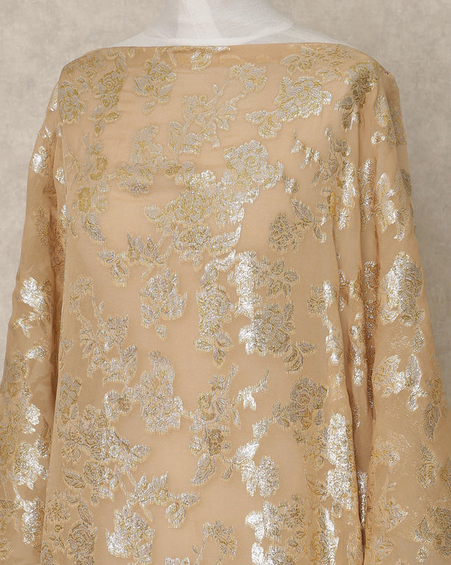 Beige Traditional Somali Silk Chiffon Dirac Fabric with Metallic Lurex, 3.5 Mtrs Piece, Width 140 Cms, Made in South Korea-D26485