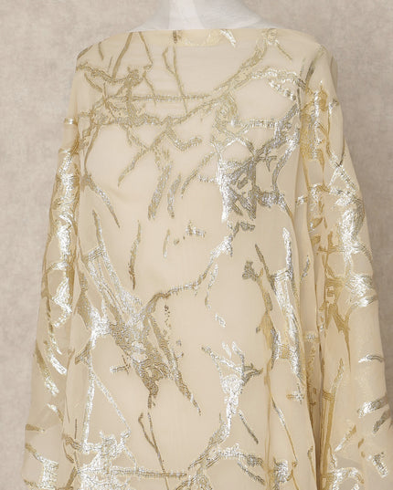 Beige Traditional Somali Silk Chiffon Dirac Fabric with Metallic Lurex, 3.5 Mtrs Piece, Width 140 Cms, Made in South Korea-D26481