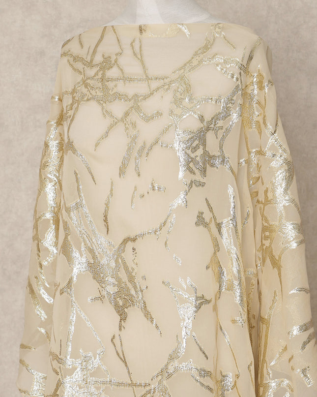 Beige Traditional Somali Silk Chiffon Dirac Fabric with Metallic Lurex, 3.5 Mtrs Piece, Width 140 Cms, Made in South Korea-D26481