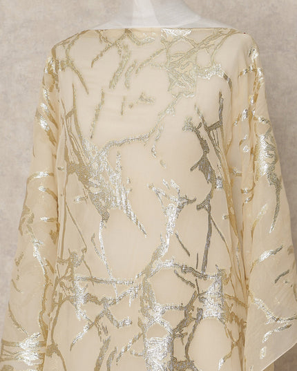 Ivory Traditional Somali Silk Chiffon Dirac Fabric with Metallic Lurex, 140 Cms Width, 3.5 Mtrs Piece, Made in South Korea-D26127