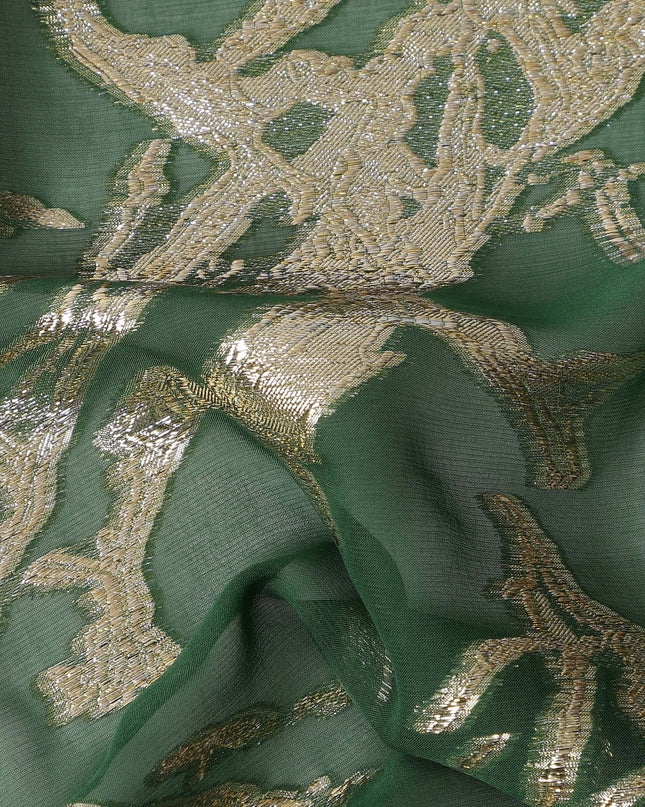 Green Traditional Somali Silk Chiffon Dirac Fabric with Metallic Lurex, 3.5 Mtrs Piece, Width 140 Cms, Made in South Korea-D26482