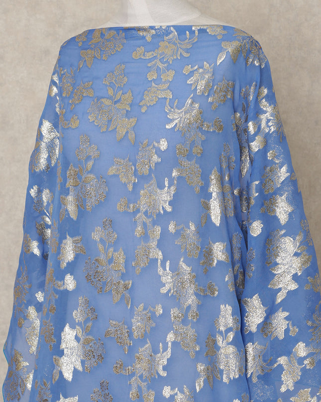 Blue Traditional Somali Silk Chiffon Dirac Fabric with Metallic Lurex, 3.5 Mtrs Piece, Width 140 Cms, Made in South Korea-D26498