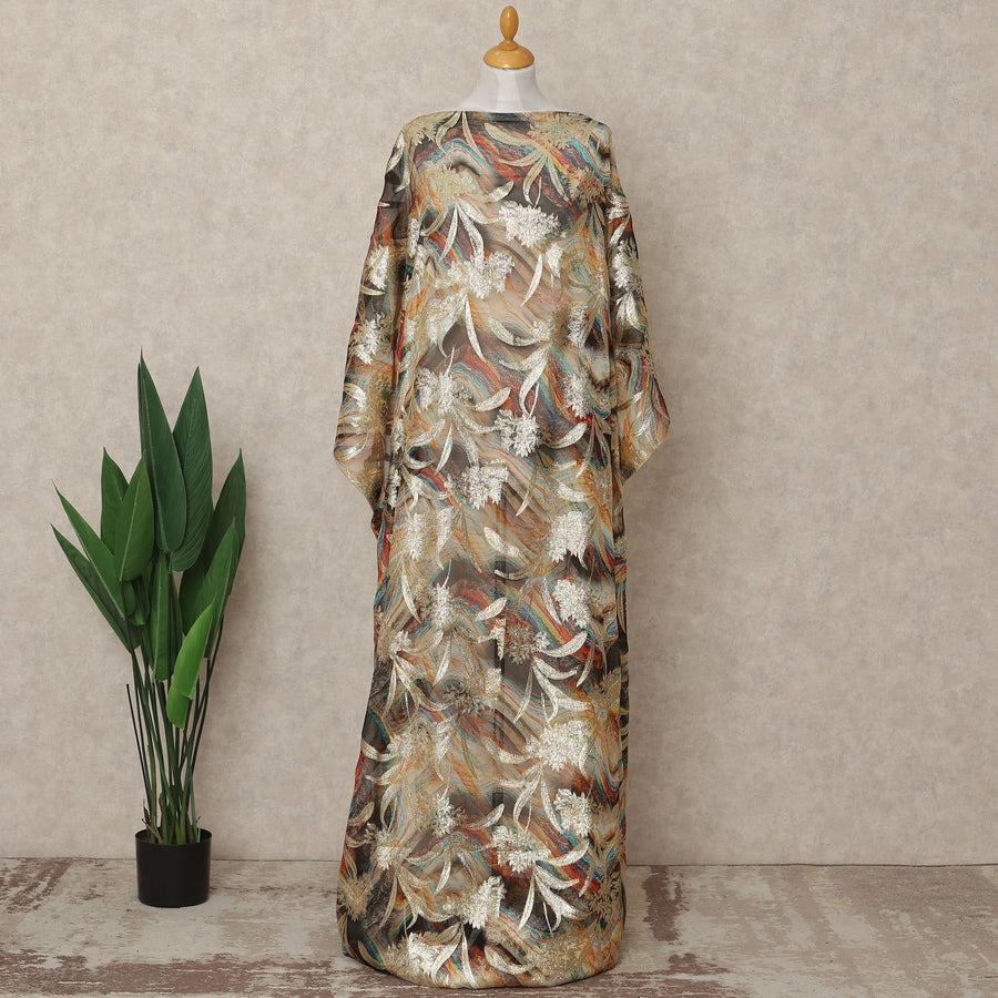 Gold Brown Multicolor Traditional Somali Silk Chiffon Dirac Fabric with Metallic Lurex, 3.5 Mtrs Length, 140 Cms Width, Made in South Korea-D26405