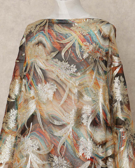 Gold Brown Multicolor Traditional Somali Silk Chiffon Dirac Fabric with Metallic Lurex, 3.5 Mtrs Length, 140 Cms Width, Made in South Korea-D26405