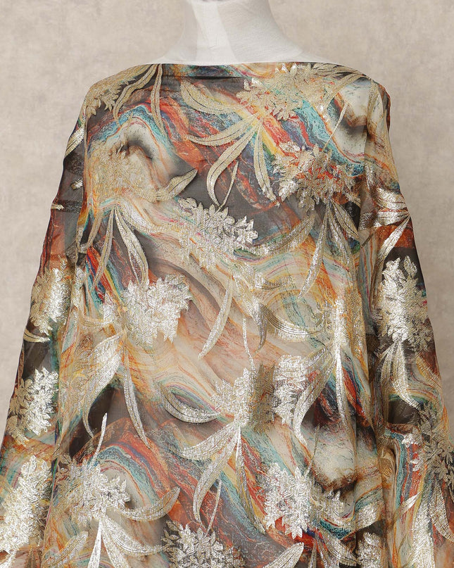 Gold Brown Multicolor Traditional Somali Silk Chiffon Dirac Fabric with Metallic Lurex, 3.5 Mtrs Length, 140 Cms Width, Made in South Korea-D26405