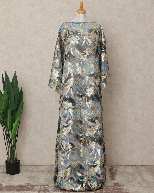 Blue Grey Multicolor Traditional Somali Silk Chiffon Dirac Fabric with Metallic Lurex, 3.5 Mtrs Length, 140 Cms Width, Made in South Korea-D26406