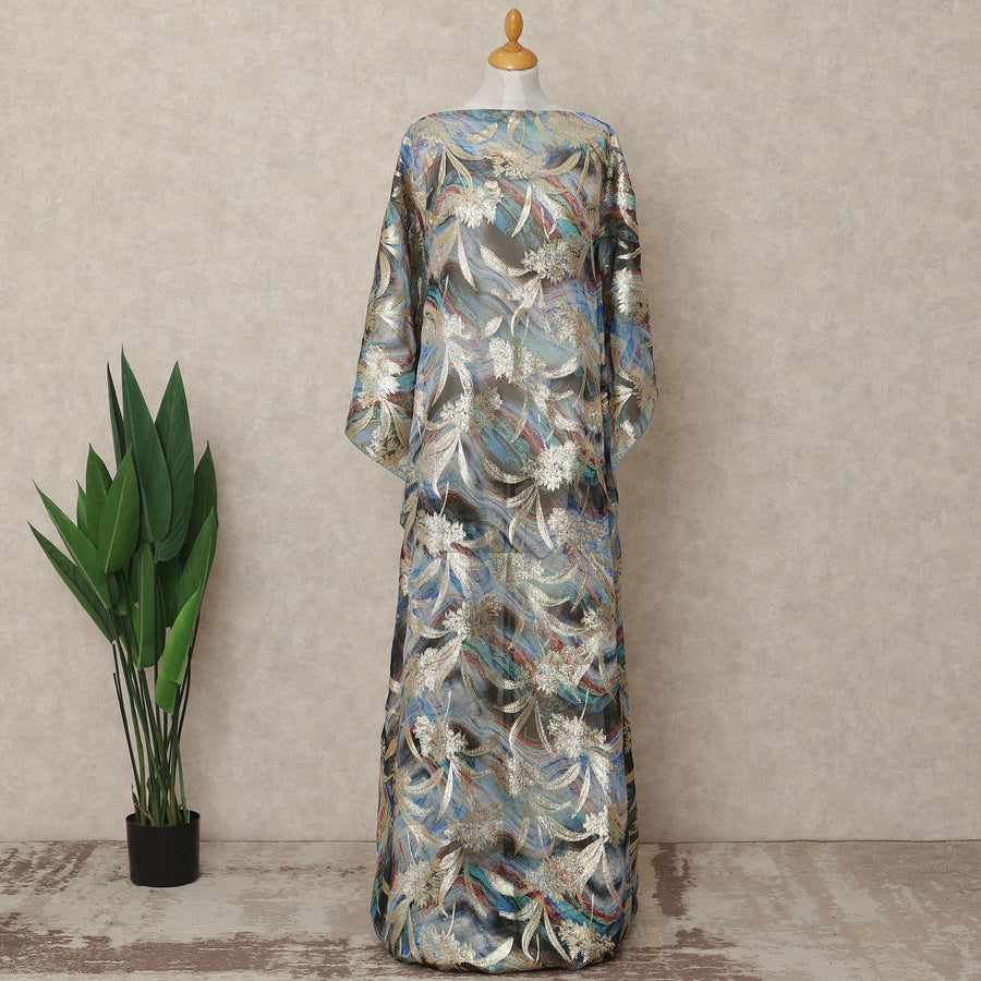 Blue Grey Multicolor Traditional Somali Silk Chiffon Dirac Fabric with Metallic Lurex, 3.5 Mtrs Length, 140 Cms Width, Made in South Korea-D26406