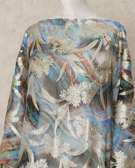 Blue Grey Multicolor Traditional Somali Silk Chiffon Dirac Fabric with Metallic Lurex, 3.5 Mtrs Length, 140 Cms Width, Made in South Korea-D26406