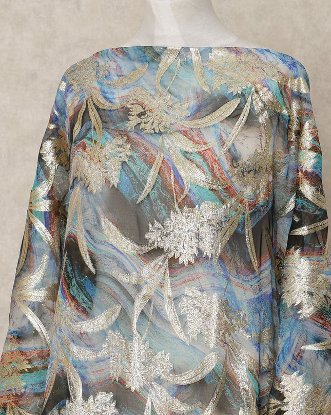 Blue Grey Multicolor Traditional Somali Silk Chiffon Dirac Fabric with Metallic Lurex, 3.5 Mtrs Length, 140 Cms Width, Made in South Korea-D26406