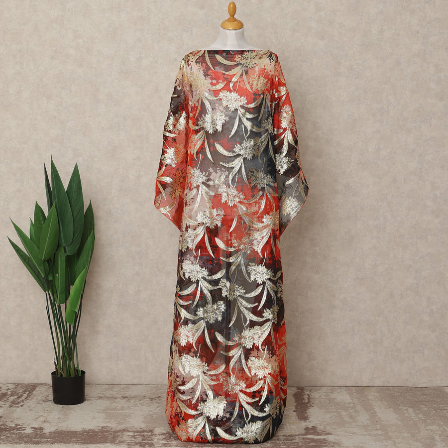 Red Black Multicolor Traditional Somali Silk Chiffon Dirac Fabric with Metallic Lurex, 3.5 Mtrs Length, 140 Cms Width, Made in South Korea-D26407