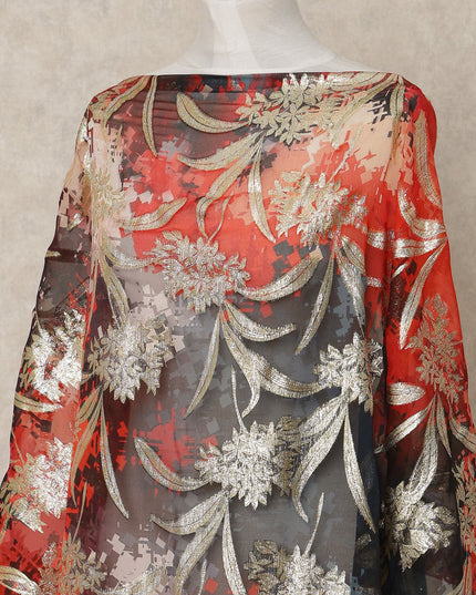 Red Black Multicolor Traditional Somali Silk Chiffon Dirac Fabric with Metallic Lurex, 3.5 Mtrs Length, 140 Cms Width, Made in South Korea-D26407