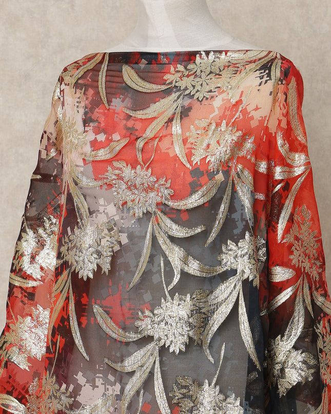 Red Black Multicolor Traditional Somali Silk Chiffon Dirac Fabric with Metallic Lurex, 3.5 Mtrs Length, 140 Cms Width, Made in South Korea-D26407