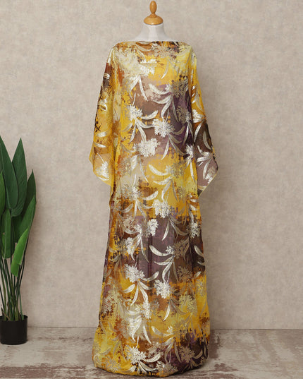Yellow Brown Multicolor Traditional Somali Silk Chiffon Dirac Fabric with Metallic Lurex, 3.5 Mtrs Length, 140 Cms Width, Made in South Korea-D26408