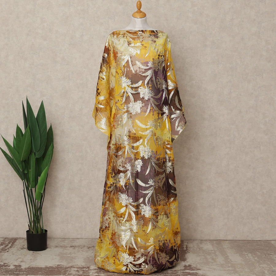 Yellow Brown Multicolor Traditional Somali Silk Chiffon Dirac Fabric with Metallic Lurex, 3.5 Mtrs Length, 140 Cms Width, Made in South Korea-D26408