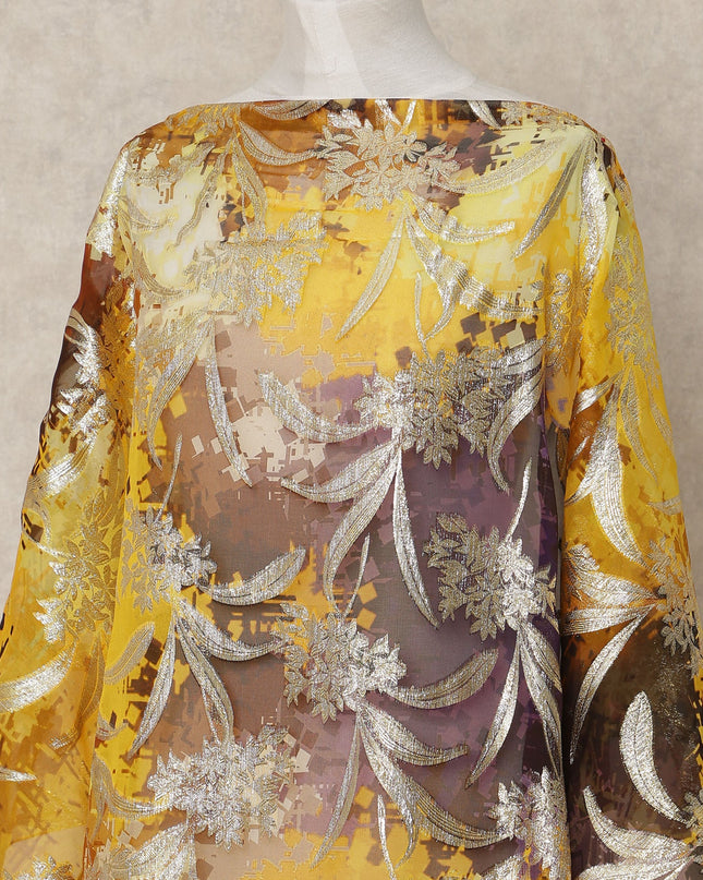 Yellow Brown Multicolor Traditional Somali Silk Chiffon Dirac Fabric with Metallic Lurex, 3.5 Mtrs Length, 140 Cms Width, Made in South Korea-D26408