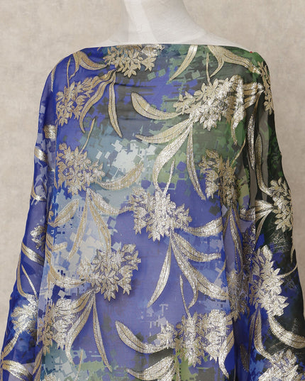 Blue Green Multicolor Traditional Somali Silk Chiffon Dirac Fabric with Metallic Lurex, 3.5 Mtrs Length, 140 Cms Width, Made in South Korea-D26409