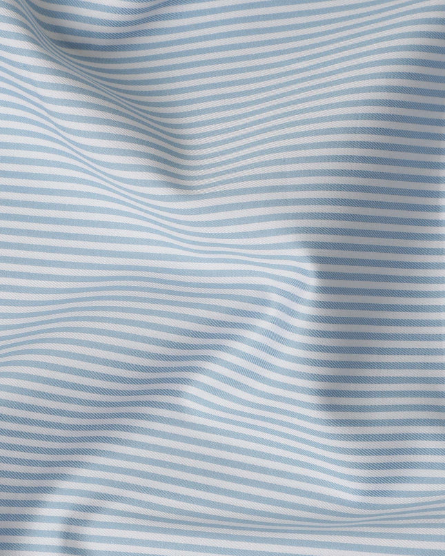 Light Blue White Striped Blended Cotton Shirting Fabric Soft Woven Fine Stripe Design Breathable Apparel Material 150 Cms Width Made in India-D27426