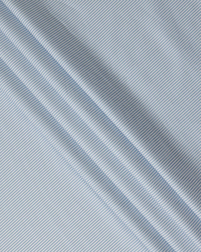 Light Blue White Striped Blended Cotton Shirting Fabric Soft Woven Fine Stripe Design Breathable Apparel Material 150 Cms Width Made in India-D27426