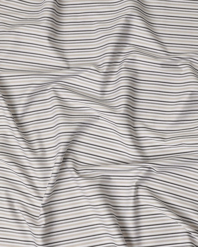 Beige Grey Striped Blended Cotton Shirting Fabric Soft Woven Linear Design Breathable Apparel Textile 150 Cms Width Made in India-D27423