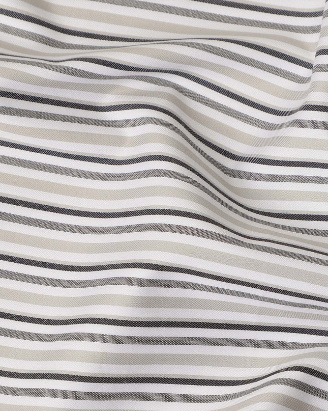 Beige Grey Striped Blended Cotton Shirting Fabric Soft Woven Linear Design Breathable Apparel Textile 150 Cms Width Made in India-D27423