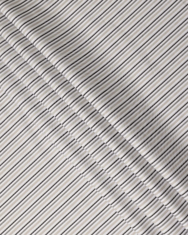 Beige Grey Striped Blended Cotton Shirting Fabric Soft Woven Linear Design Breathable Apparel Textile 150 Cms Width Made in India-D27423