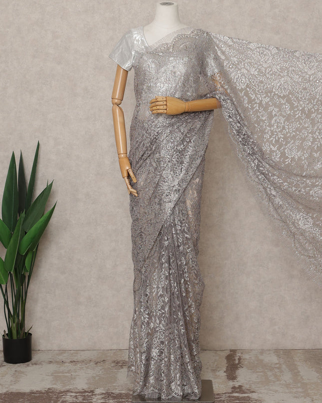 Light Platinum Purple Premium French Metallic Chantilly Lace Saree with Stone Work, Width 110 Cms, 5.5 Mtrs, France-D25573