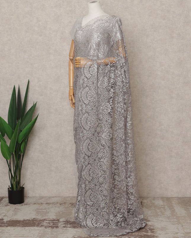 Light Platinum Purple Premium French Metallic Chantilly Lace Saree with Stone Work, Width 110 Cms, 5.5 Mtrs, France-D25573