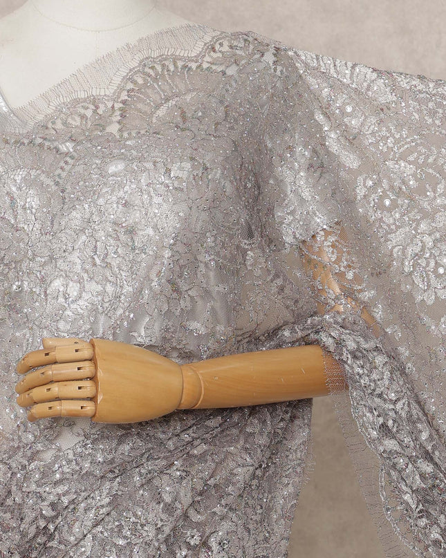 Light Platinum Purple Premium French Metallic Chantilly Lace Saree with Stone Work, Width 110 Cms, 5.5 Mtrs, France-D25573