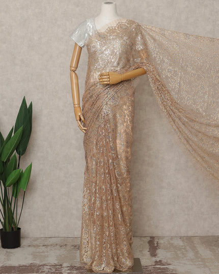 Champagne Gold Premium French Metallic Chantilly Lace Saree with Stone Work, Width 110 Cms, 5.5 Mtrs, France-D25592