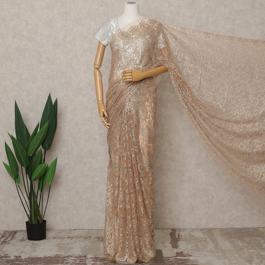 Champagne Gold Premium French Metallic Chantilly Lace Saree with Stone Work, Width 110 Cms, 5.5 Mtrs, France-D25592